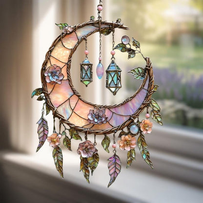 🔥🔥New Year Gift--🌙Hand-Painted Moon and Floral Window Decor💖--2D Acrylic
