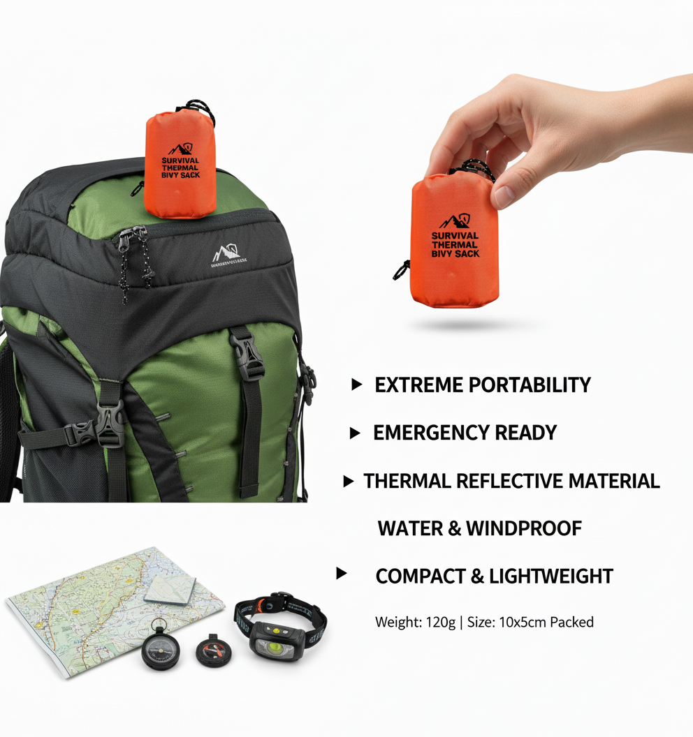 🏔️Survival Thermal Bivy Sack – Ultralight Waterproof Emergency Sleeping Bag for Hiking & Bug-Out Bags
